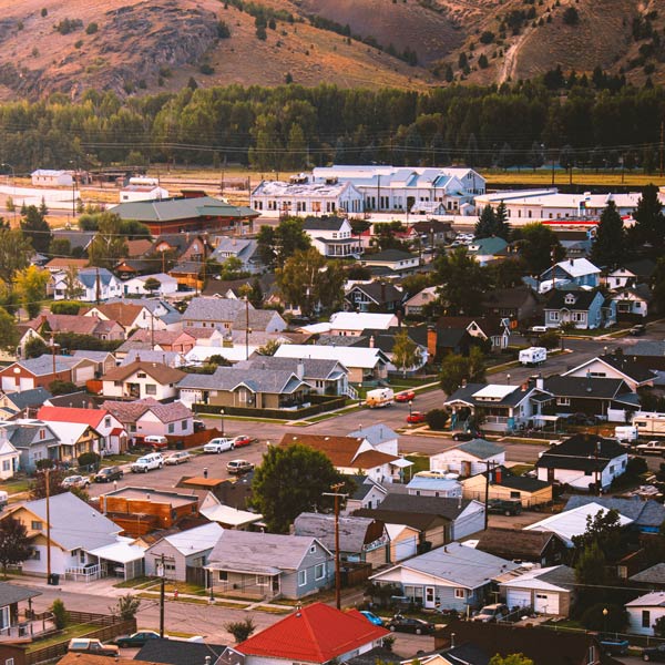 Aerial view of Montana town near mountains.