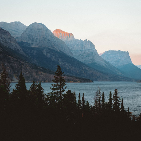 View of mountains near lake.